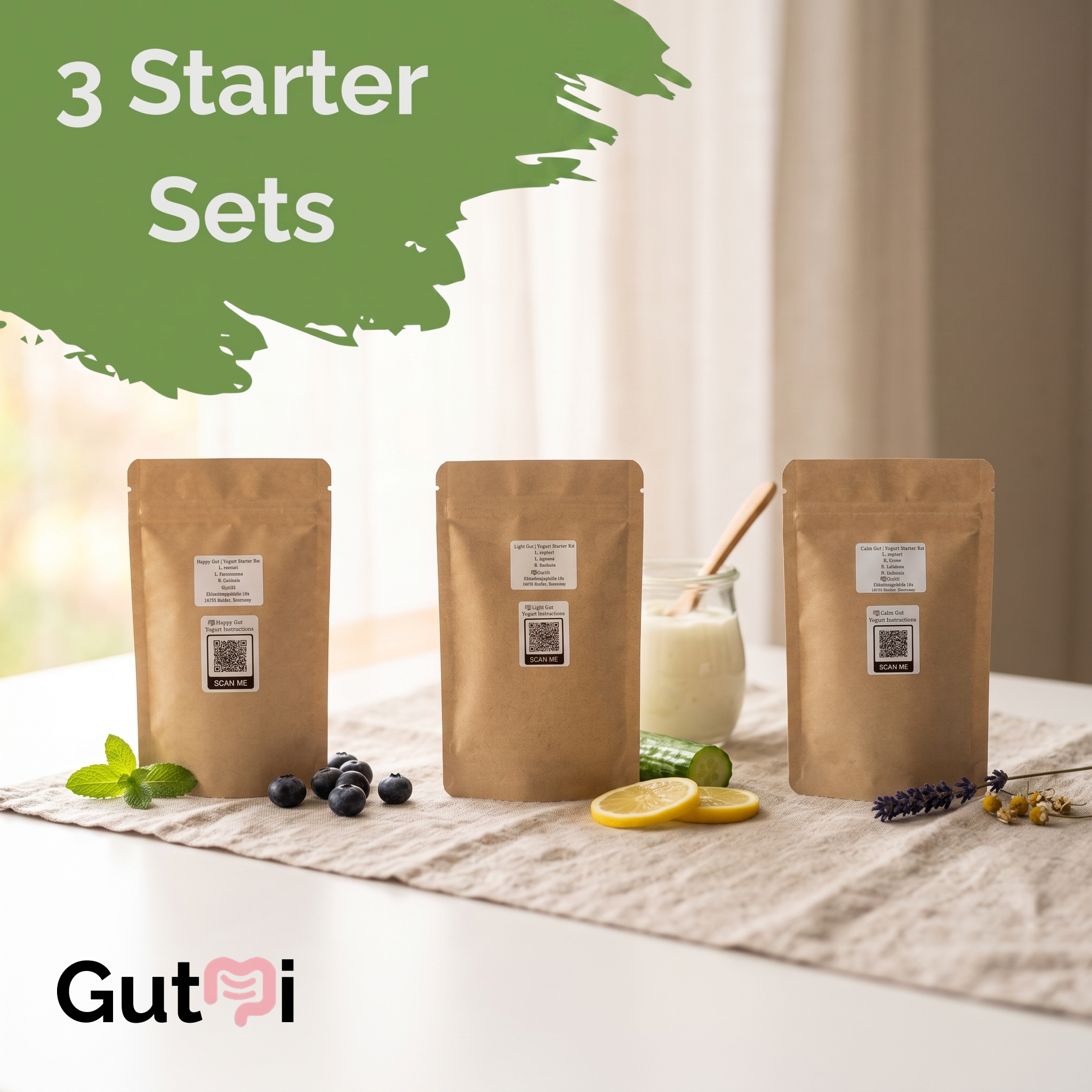 GutMi | L. reuteri + 6 Cepas Más (7 en Total) | Incluye Todas las Especies Perdidas | 3 Juegos de Inicio para Yogur | Paquete Inicial | Cultivos Iniciales | 9 Iniciadores de Yogur